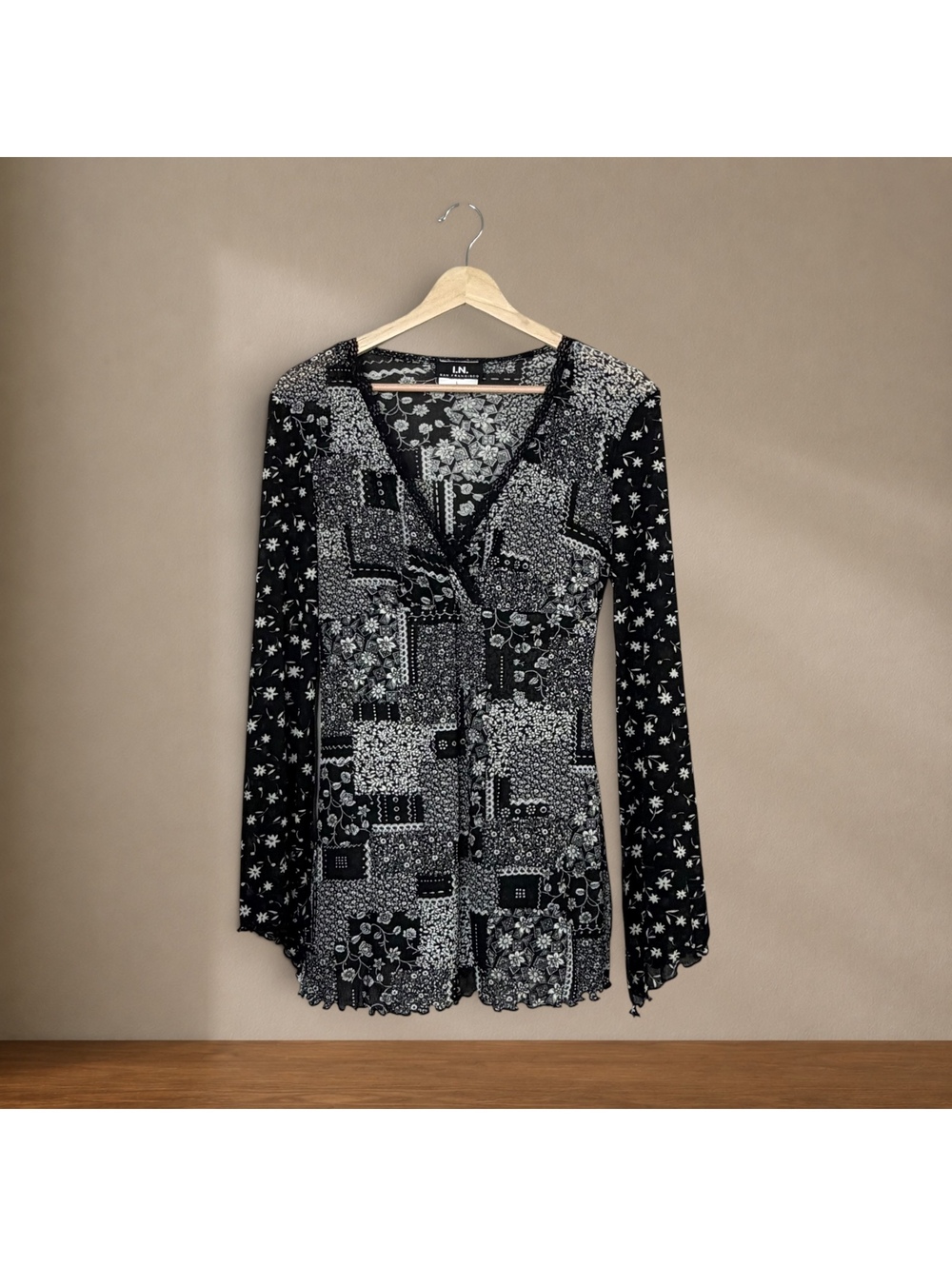 Y2K I.N. Studio Black White Patchwork Floral Mesh Surplice Top